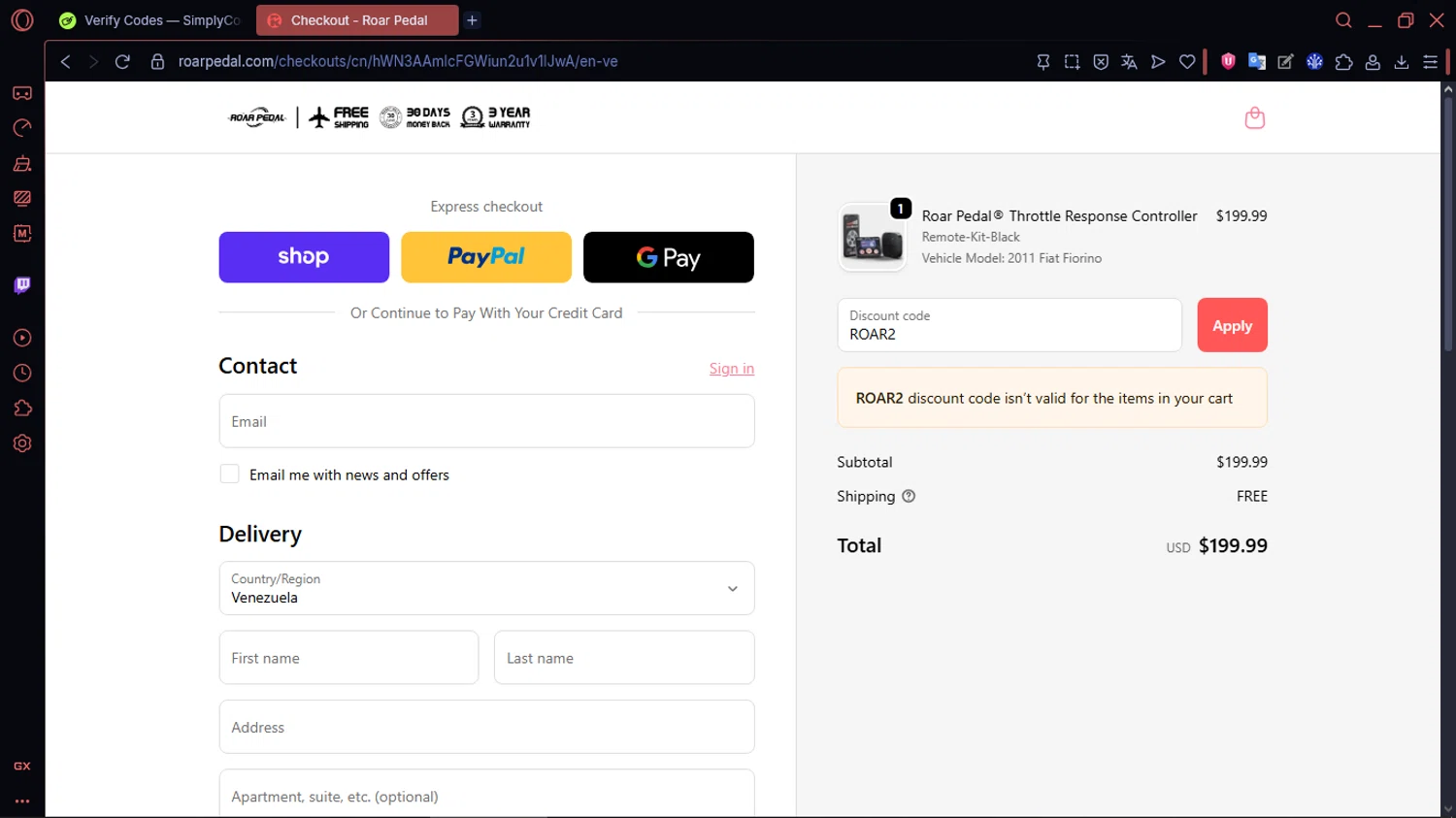 Roar Pedal discount code screenshot showing code ROAR2 applied at Roar Pedal checkout page. Uploaded by SimplyCodes community member MoneySentinel1166 on Sep 19, 2025