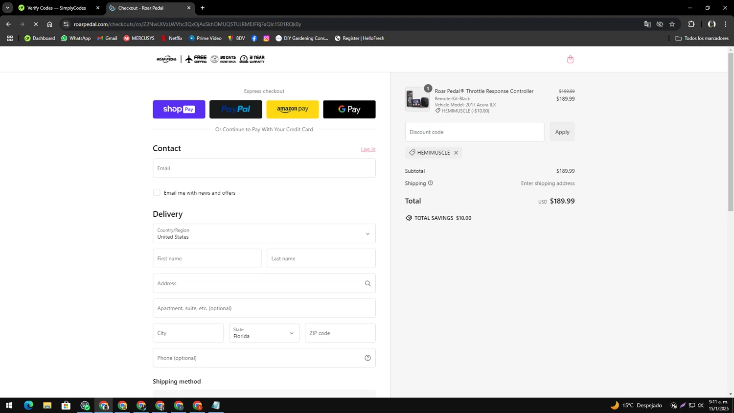 Roar Pedal discount code screenshot showing code HEMIMUSCLE applied at Roar Pedal checkout page. Uploaded by SimplyCodes community member genesisgafaro on Jan 15, 2025