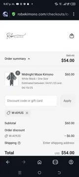 Robe Kimono US coupon verification screenshot