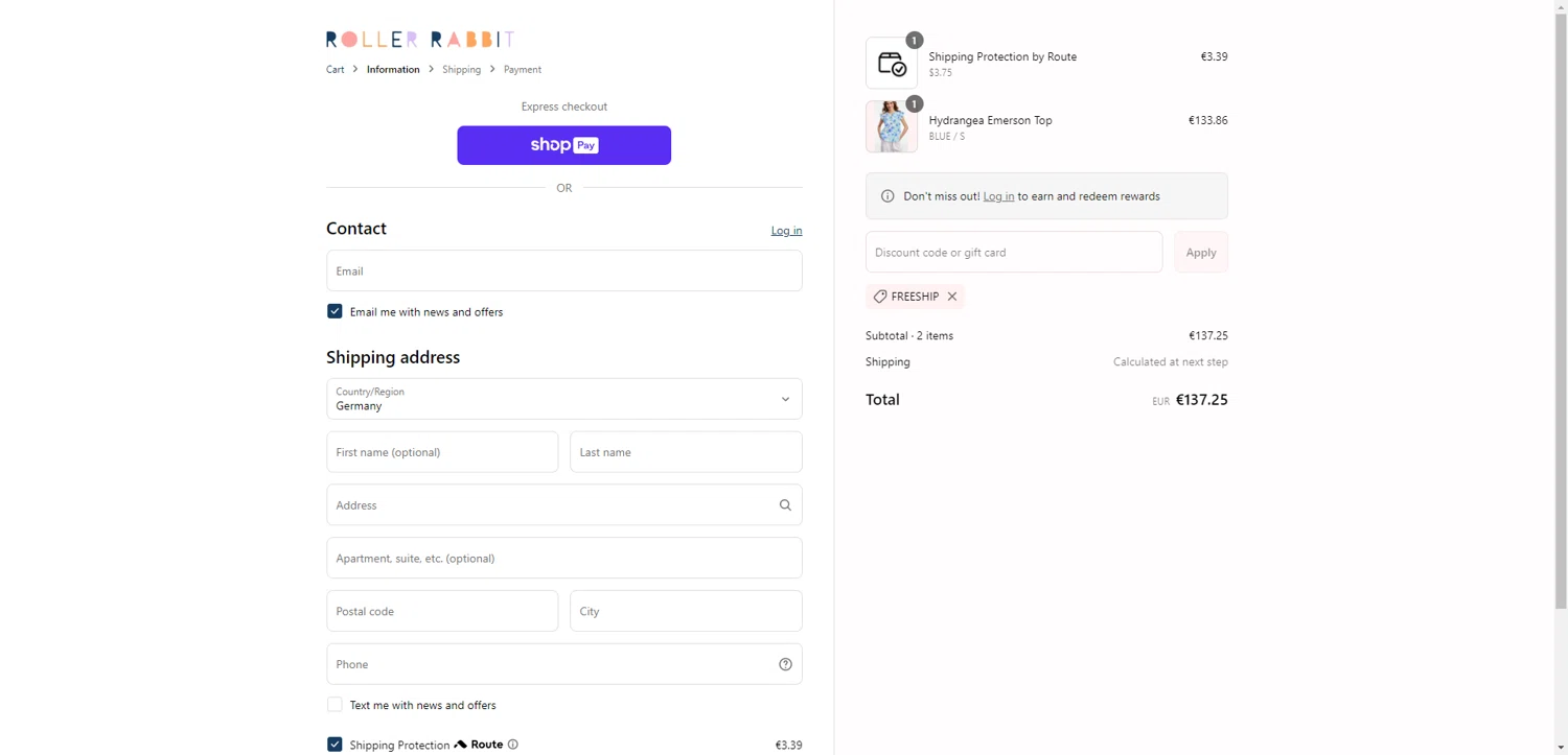 Roller Rabbit discount code screenshot showing code FREESHIP applied at Roller Rabbit checkout page. Uploaded by SimplyCodes community member SilverChaser3269 on May 8, 2025