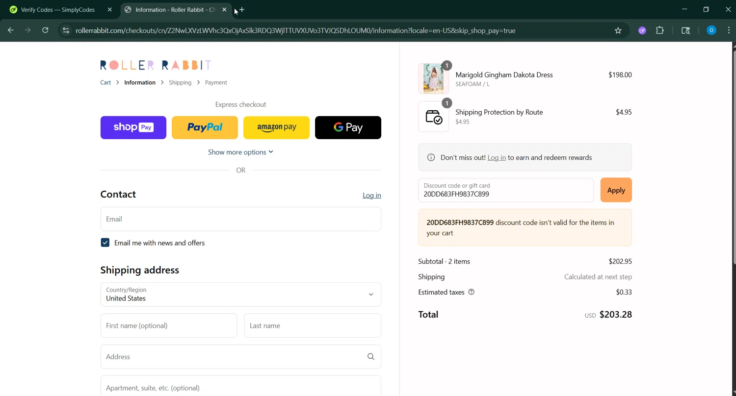 Roller Rabbit discount code screenshot showing code 20DD683FH9837C899 applied at Roller Rabbit checkout page. Uploaded by SimplyCodes community member _____________ on Jun 20, 2025