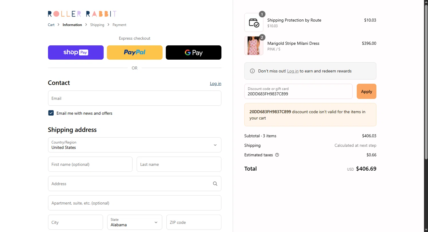 Roller Rabbit discount code screenshot showing code 20DD683FH9837C899 applied at Roller Rabbit checkout page. Uploaded by SimplyCodes community member GoldPhoenix3793 on Jun 20, 2025