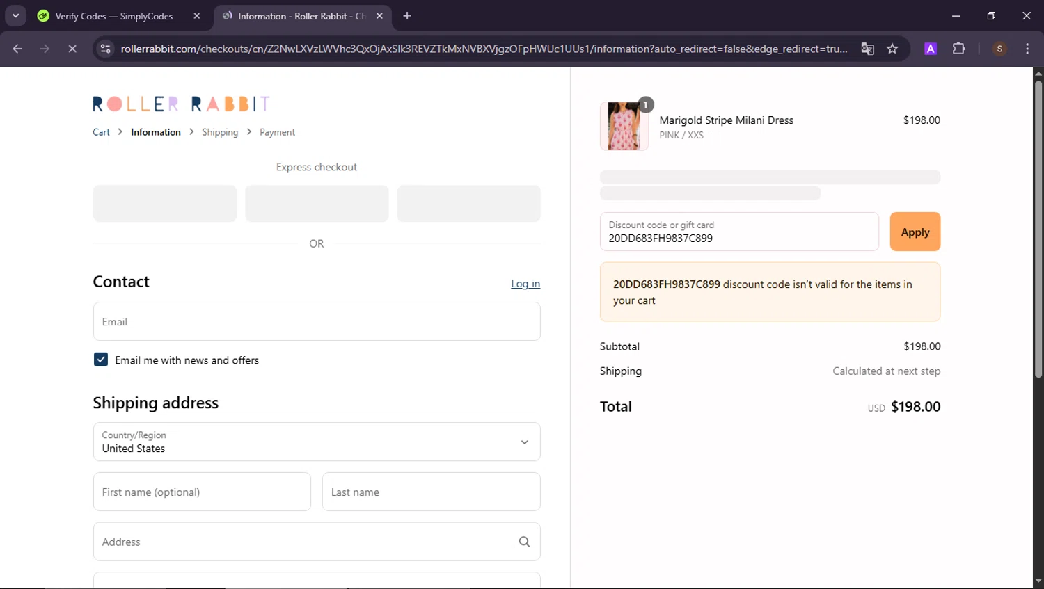 Roller Rabbit discount code screenshot showing code 20DD683FH9837C899 applied at Roller Rabbit checkout page. Uploaded by SimplyCodes community member ShieldAdmiral2781 on Jun 20, 2025