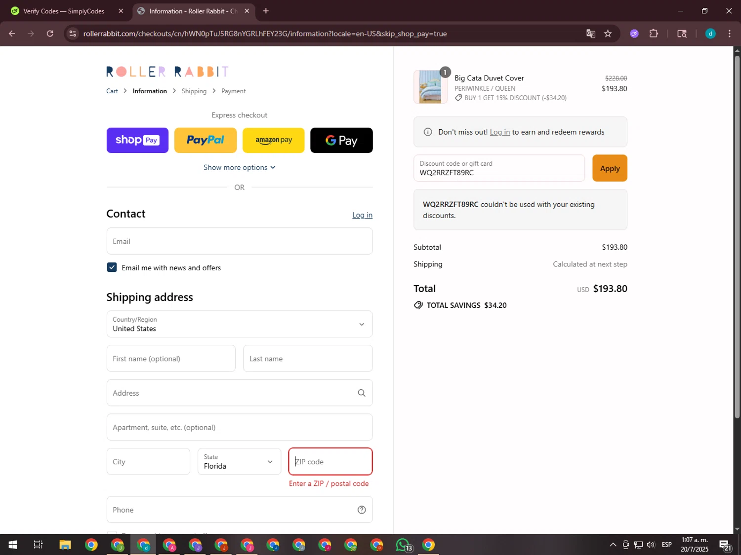 Roller Rabbit discount code screenshot showing code WQ2RRZFT89RC applied at Roller Rabbit checkout page. Uploaded by SimplyCodes community member GloriousTiger3507 on Jul 20, 2025
