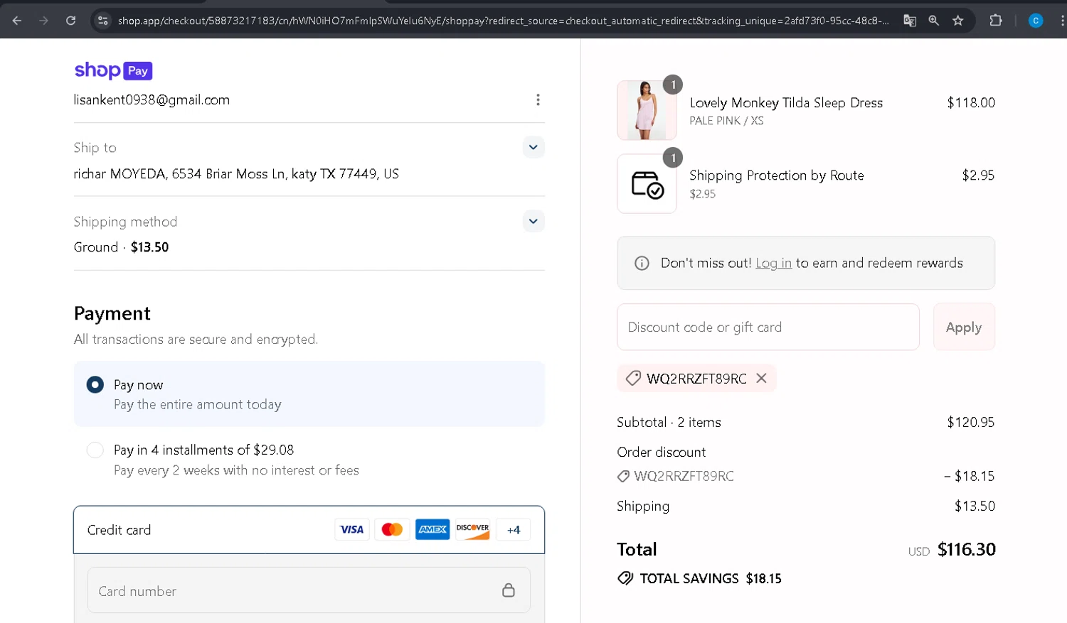 Roller Rabbit discount code screenshot showing code WQ2RRZFT89RC applied at Roller Rabbit checkout page. Uploaded by SimplyCodes community member PromoBoss9319 on Jul 17, 2025