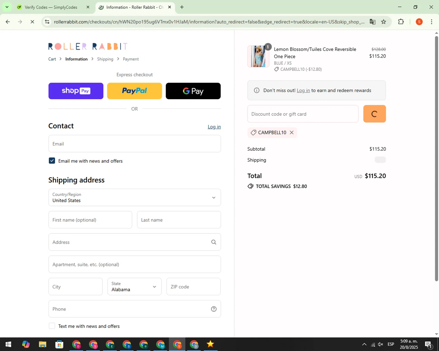 Roller Rabbit discount code screenshot showing code CAMPBELL10 applied at Roller Rabbit checkout page. Uploaded by SimplyCodes community member CrownBoss9623 on Aug 20, 2025