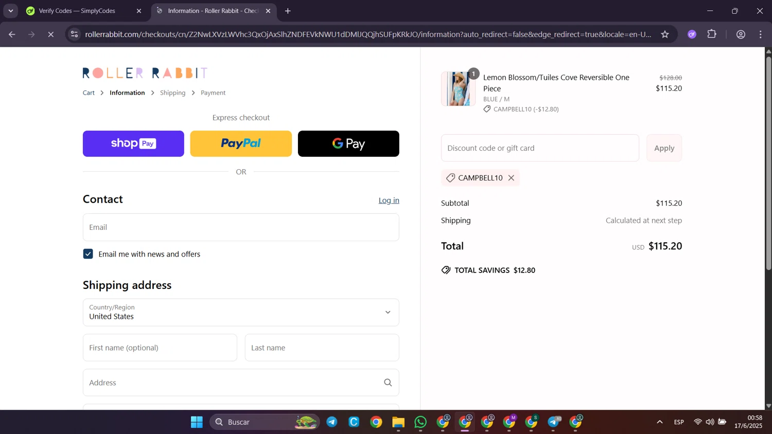 Roller Rabbit discount code screenshot showing code CAMPBELL10 applied at Roller Rabbit checkout page. Uploaded by SimplyCodes community member Puppet on Jun 17, 2025