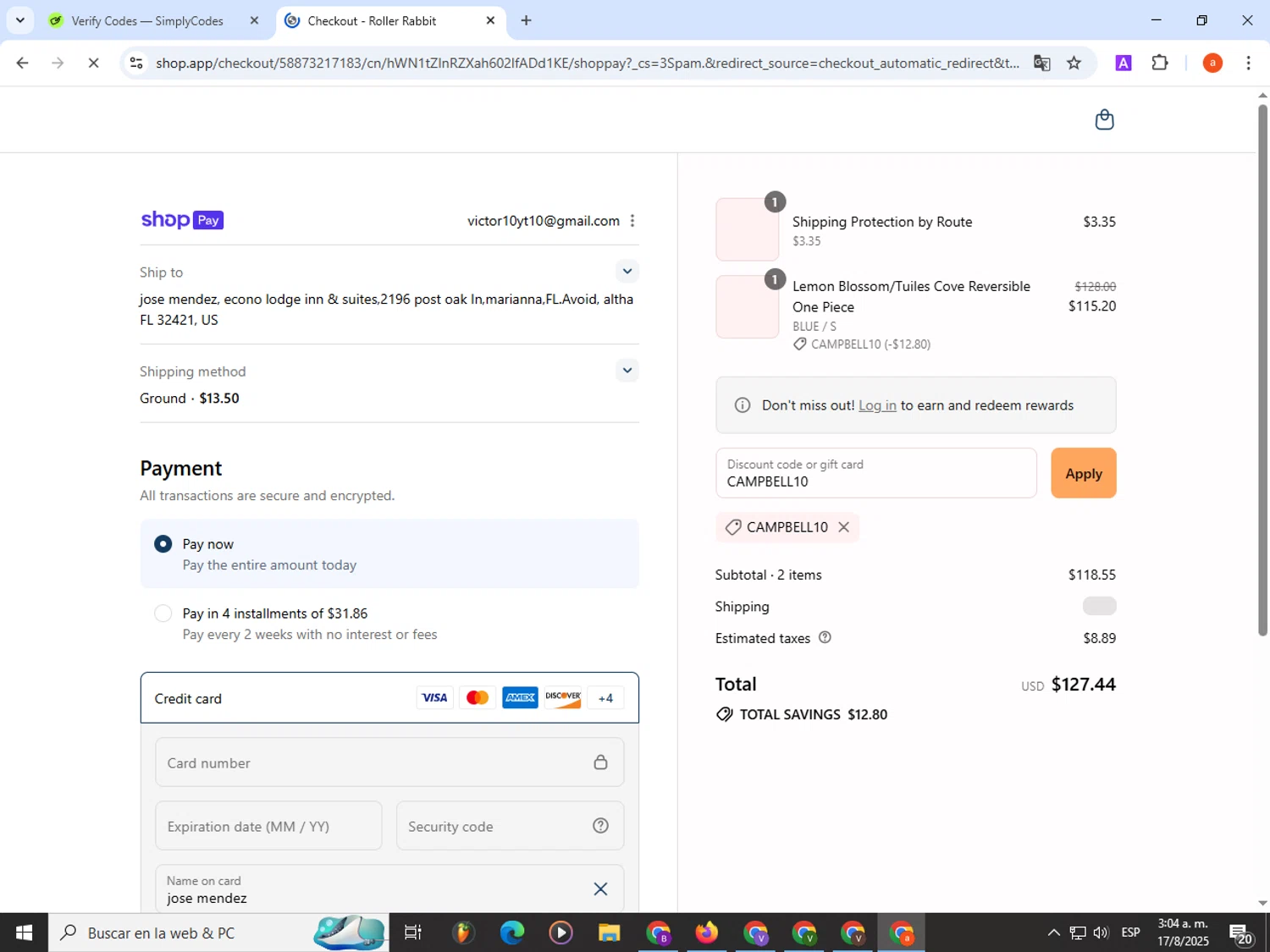 Roller Rabbit discount code screenshot showing code CAMPBELL10 applied at Roller Rabbit checkout page. Uploaded by SimplyCodes community member partenalgas on Aug 17, 2025