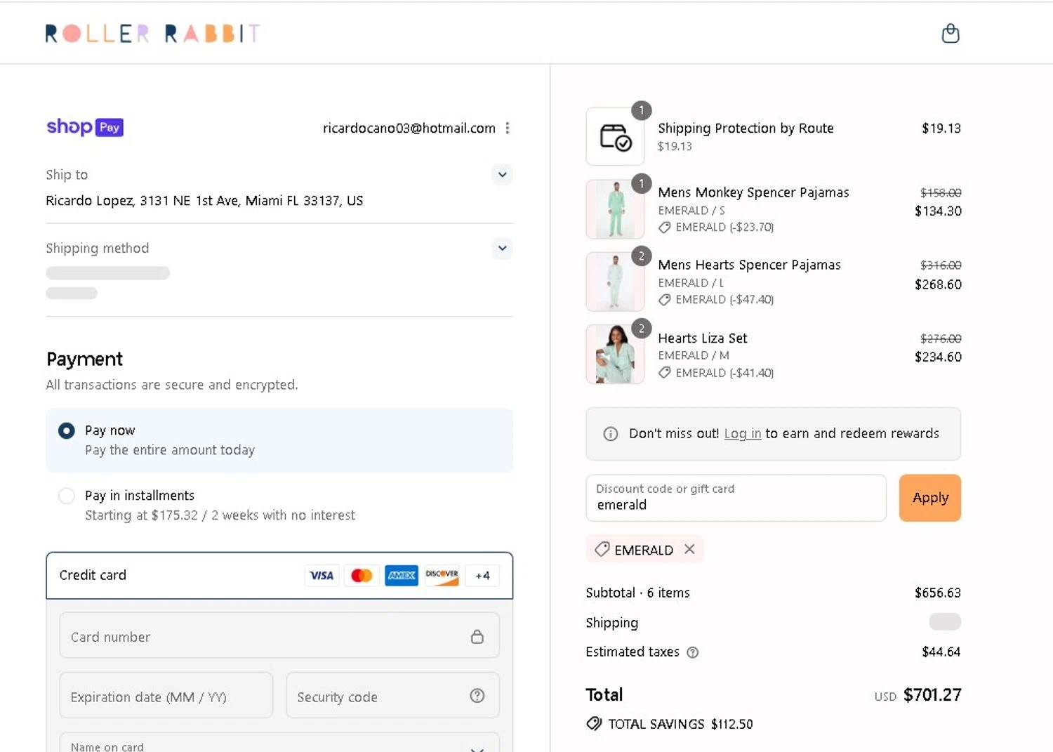 Roller Rabbit discount code screenshot showing code emerald applied at Roller Rabbit checkout page. Uploaded by SimplyCodes community member LAMINEJAMAL on Jul 24, 2025