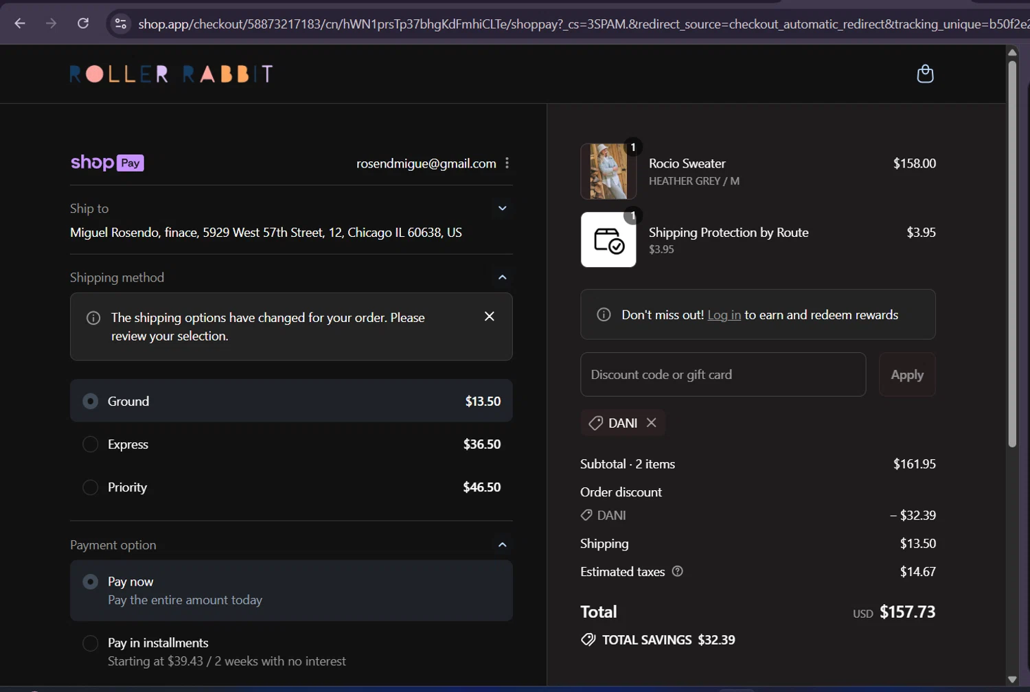 Roller Rabbit discount code screenshot showing code DANI applied at Roller Rabbit checkout page. Uploaded by SimplyCodes community member ScanHunter7116 on Aug 15, 2025