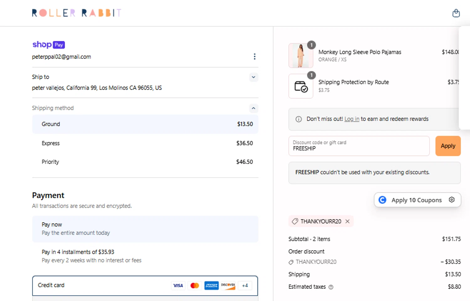Roller Rabbit discount code screenshot showing code FREESHIP applied at Roller Rabbit checkout page. Uploaded by SimplyCodes community member ricardoramirez1 on Jun 3, 2025