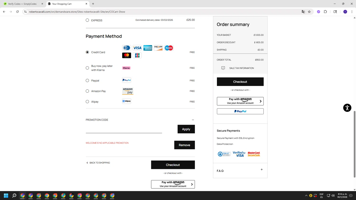 Roberto Cavalli UK checkout page showing Roberto Cavalli UK promo code box | Screenshot taken by SimplyCodes community member on Jan 30, 2026