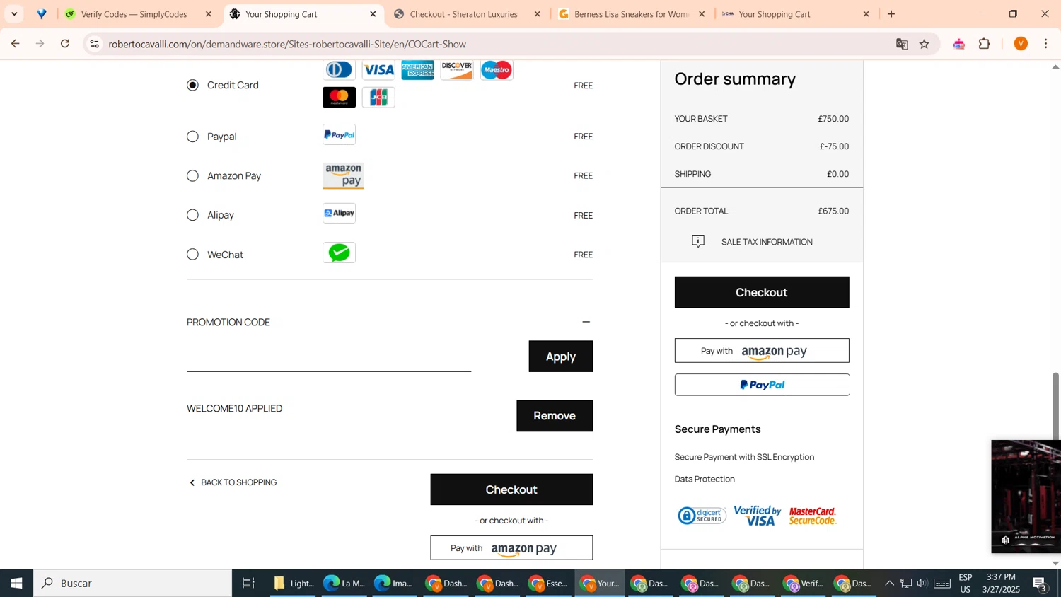 Roberto Cavalli UK promo code screenshot showing code WELCOME10 applied at Roberto Cavalli UK checkout page. Uploaded by SimplyCodes community member EpicCollector7561 on Mar 27, 2025