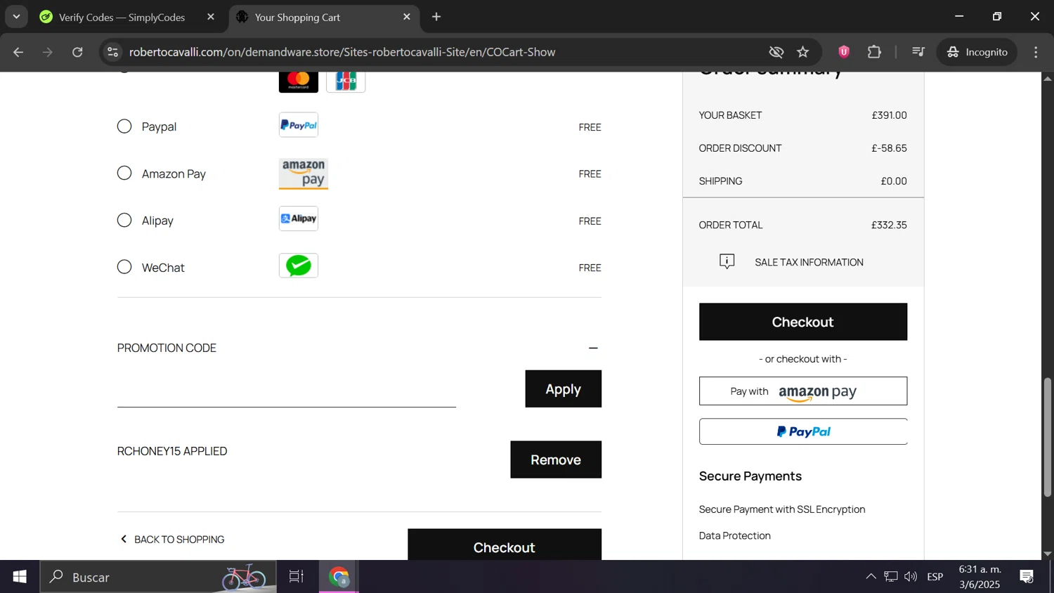 Roberto Cavalli UK promo code screenshot showing code RCHONEY15 applied at Roberto Cavalli UK checkout page. Uploaded by SimplyCodes community member Frizk_1 on Jun 3, 2025