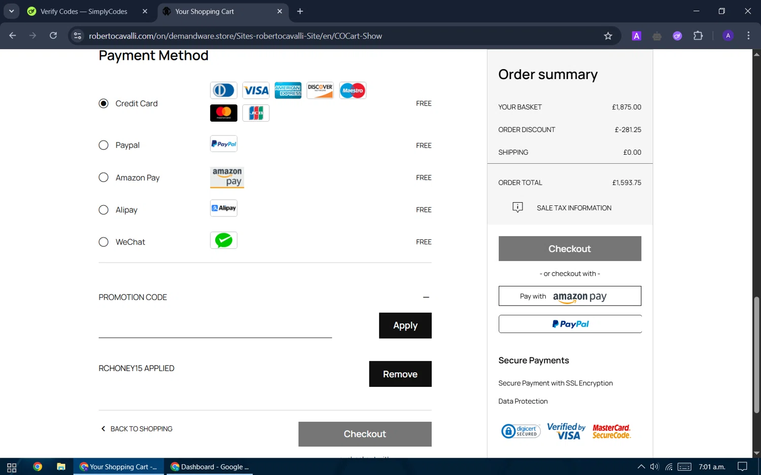 Roberto Cavalli UK promo code screenshot showing code RCHONEY15 applied at Roberto Cavalli UK checkout page. Uploaded by SimplyCodes community member ThriftySentinel2853 on May 23, 2025