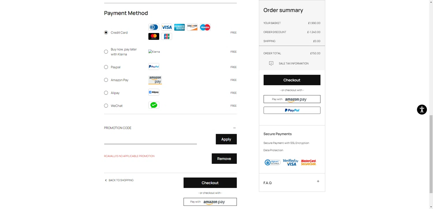 Roberto Cavalli UK promo code screenshot showing code RCAVALLI15 applied at Roberto Cavalli UK checkout page. Uploaded by SimplyCodes community member SilverChaser3269 on Jul 19, 2025
