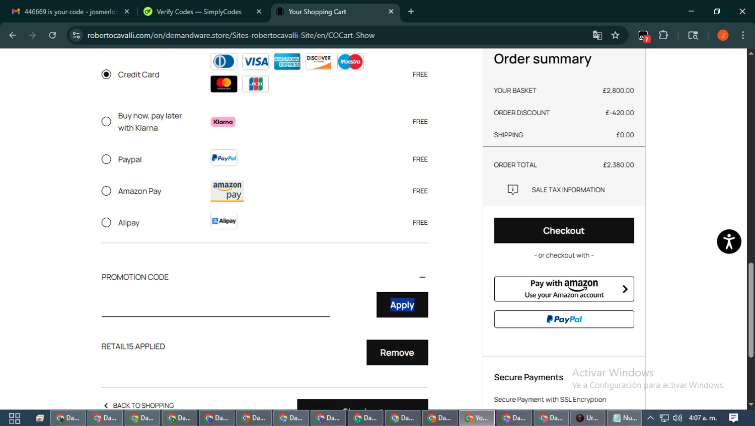 Roberto Cavalli UK checkout page showing Roberto Cavalli UK promo code box | Screenshot taken by SimplyCodes community member on Feb 17, 2026
