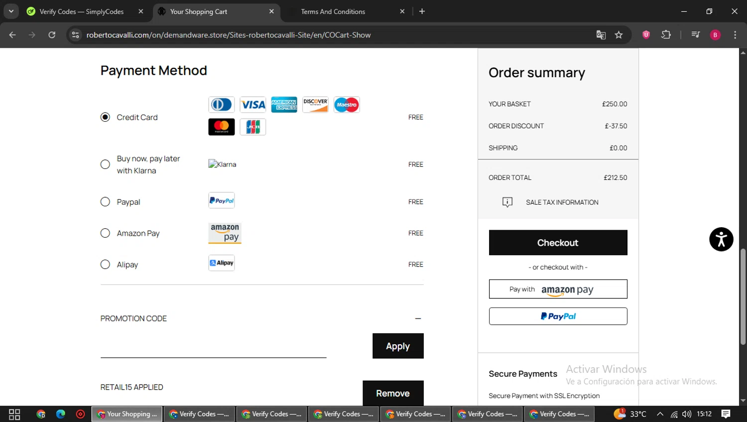 Roberto Cavalli UK promo code screenshot showing code RETAIL15 applied at Roberto Cavalli UK checkout page. Uploaded by SimplyCodes community member SwiftSage1747 on Sep 22, 2025