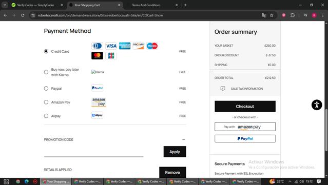 Roberto Cavalli UK checkout page showing Roberto Cavalli UK promo code box | Screenshot taken by SimplyCodes community member on Sep 22, 2025