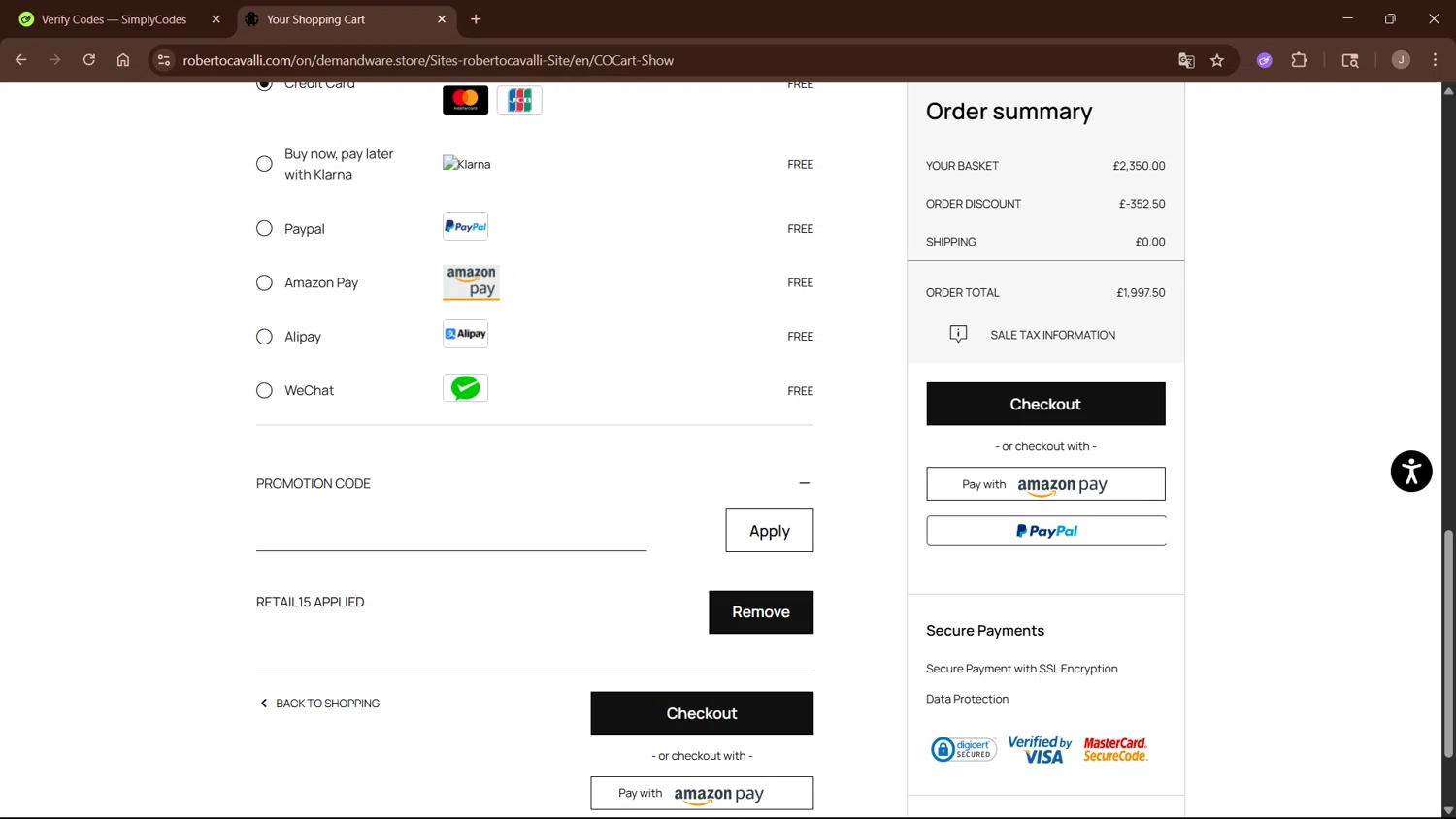 Roberto Cavalli UK promo code screenshot showing code RETAIL15 applied at Roberto Cavalli UK checkout page. Uploaded by SimplyCodes community member WisePro3955 on Jun 28, 2025