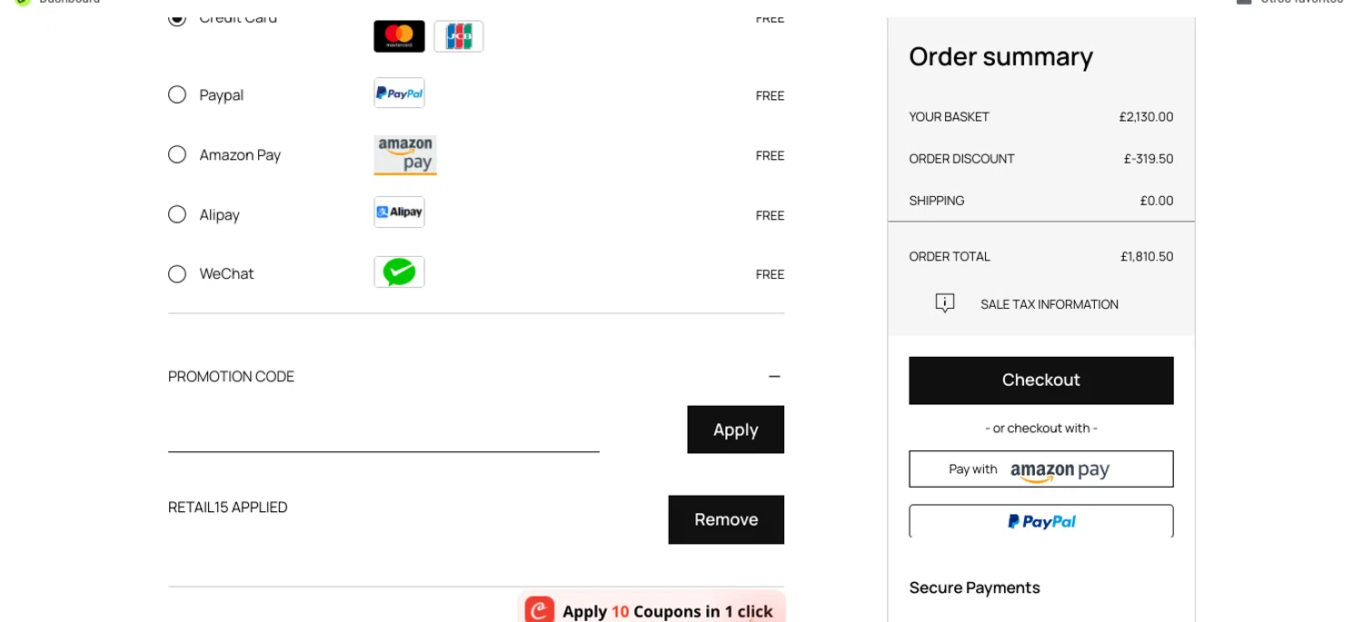 Roberto Cavalli UK promo code screenshot showing code RETAIL15 applied at Roberto Cavalli UK checkout page. Uploaded by SimplyCodes community member Speedy on May 18, 2025