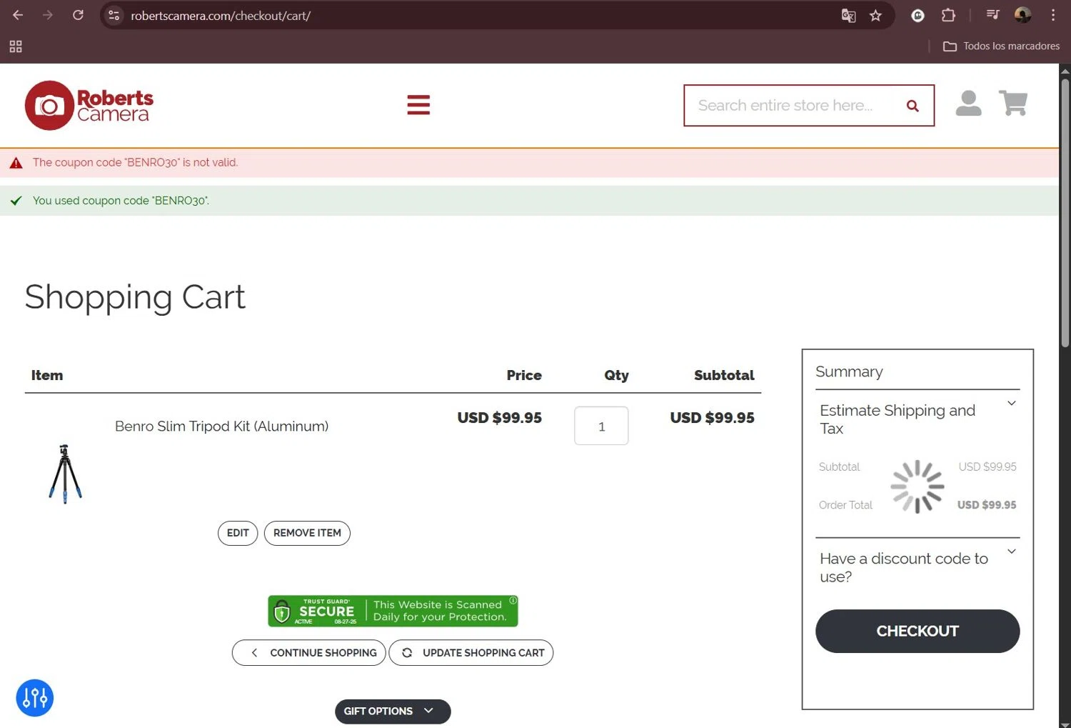 Roberts Camera coupon code screenshot showing code BENRO30 applied at Roberts Camera checkout page. Uploaded by SimplyCodes community member Milaya on Aug 27, 2025