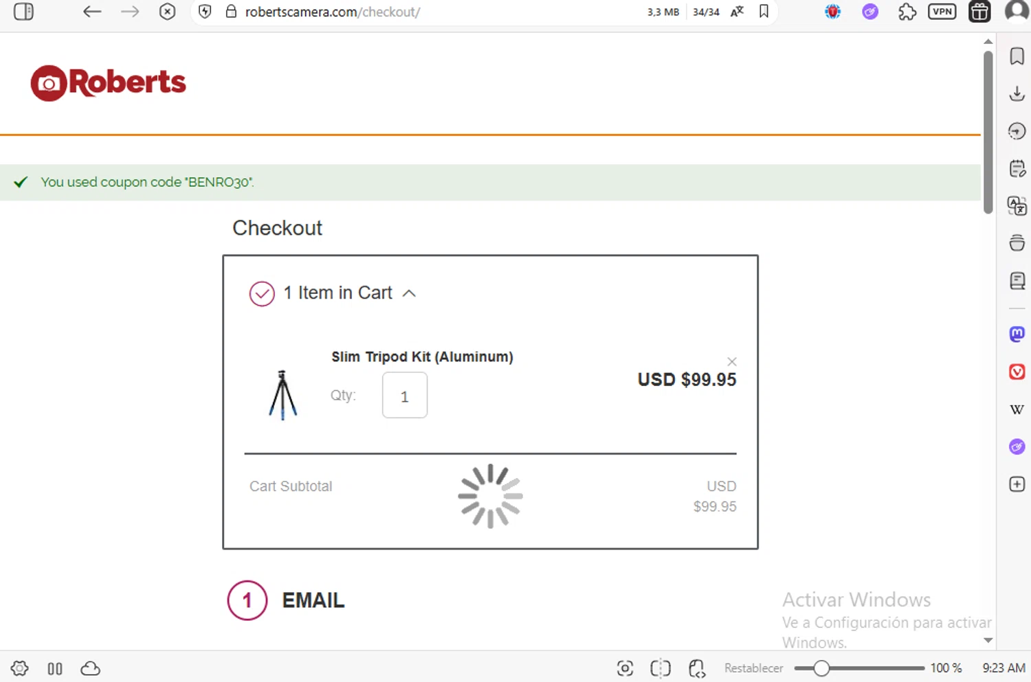 Roberts Camera coupon code screenshot showing code BENRO30 applied at Roberts Camera checkout page. Uploaded by SimplyCodes community member luissilva2 on Aug 27, 2025