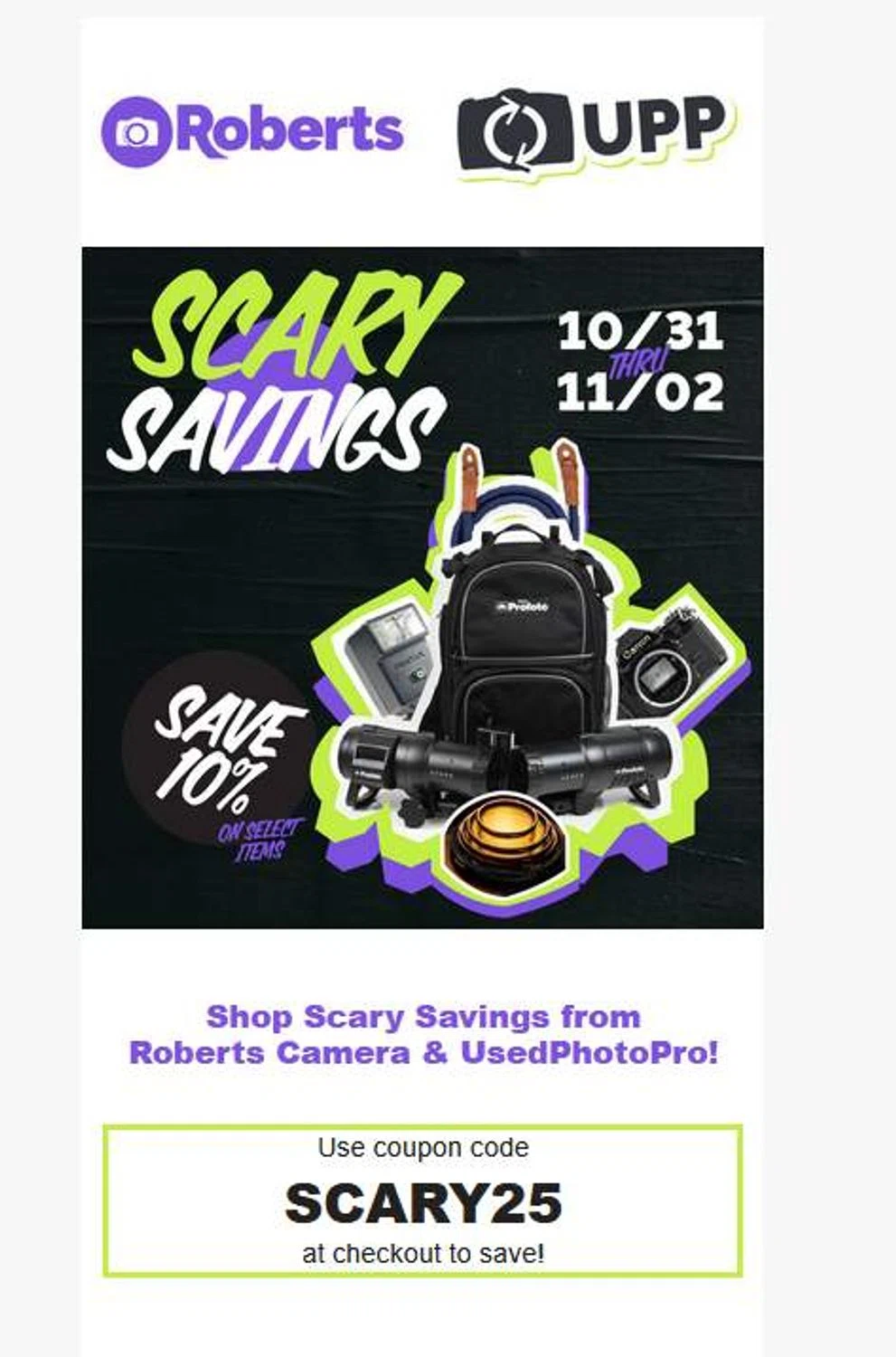 Roberts Camera coupon code screenshot showing code SCARY25 applied at Roberts Camera checkout page. Uploaded by SimplyCodes community member stygian1 on Oct 31, 2025