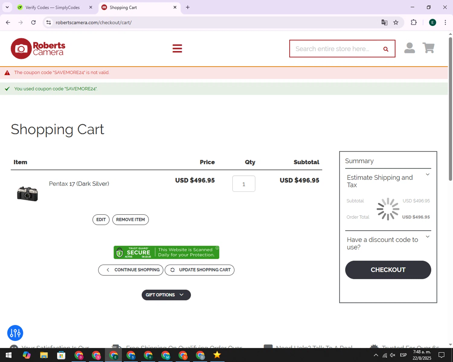 Roberts Camera coupon code screenshot showing code SAVEMORE24 applied at Roberts Camera checkout page. Uploaded by SimplyCodes community member 00000006 on Aug 22, 2025