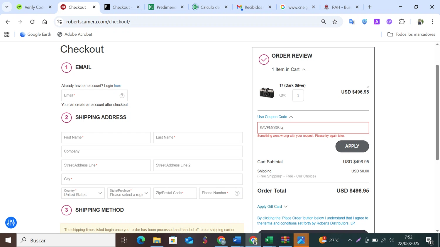 Roberts Camera coupon code screenshot showing code SAVEMORE24 applied at Roberts Camera checkout page. Uploaded by SimplyCodes community member NobleMonarch5837 on Aug 22, 2025