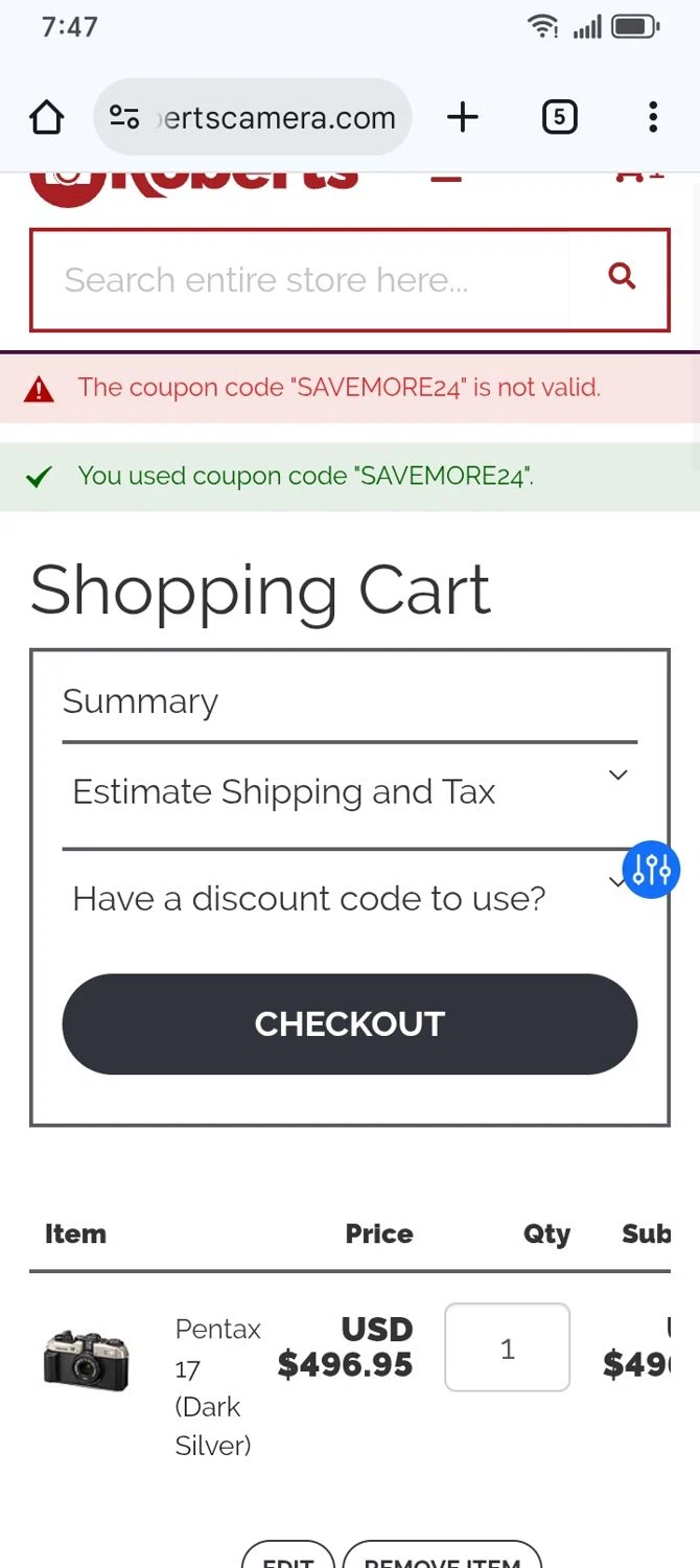 Roberts Camera coupon code screenshot showing code SAVEMORE24 applied at Roberts Camera checkout page. Uploaded by SimplyCodes community member franksanchez on Aug 22, 2025