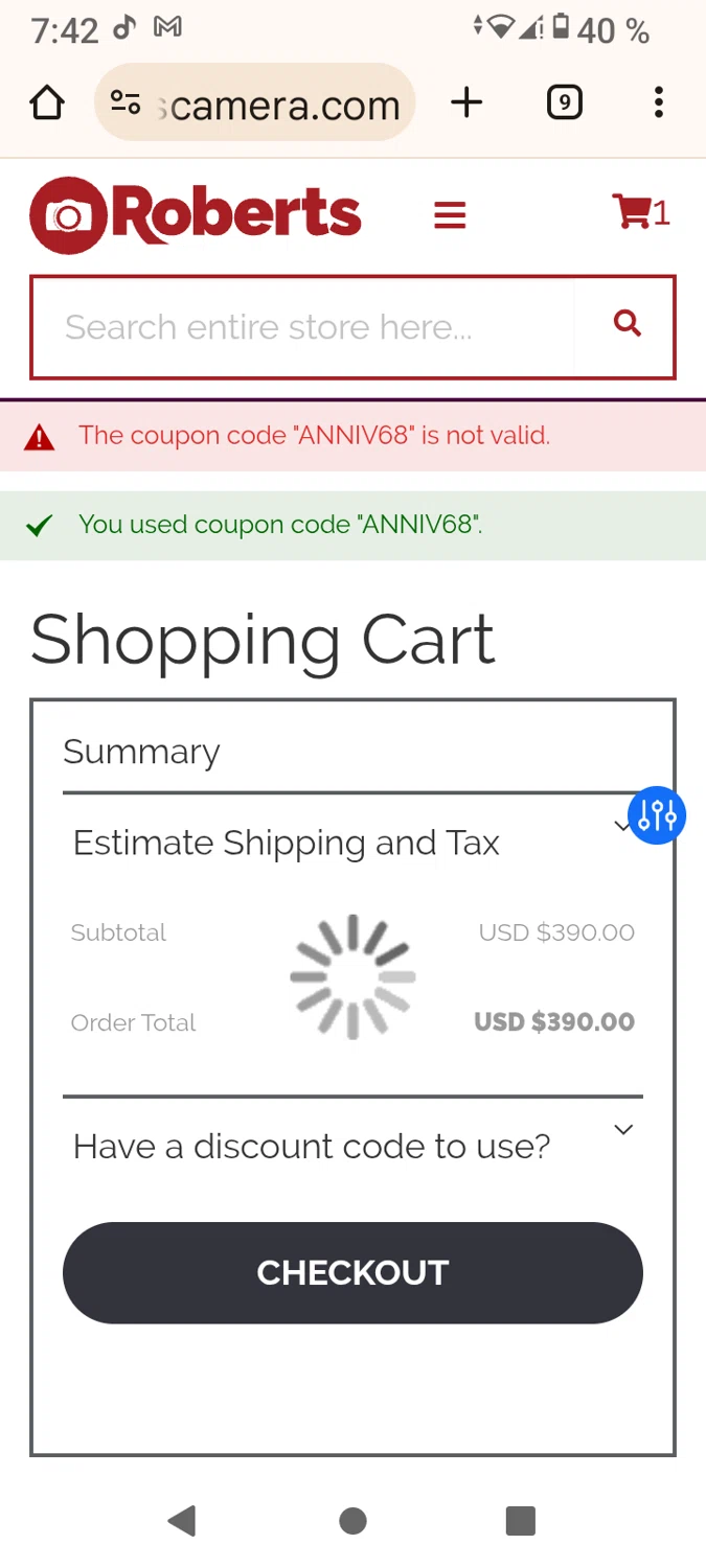 Roberts Camera coupon code screenshot showing code ANNIV68 applied at Roberts Camera checkout page. Uploaded by SimplyCodes community member Elitxanthony on Sep 18, 2025