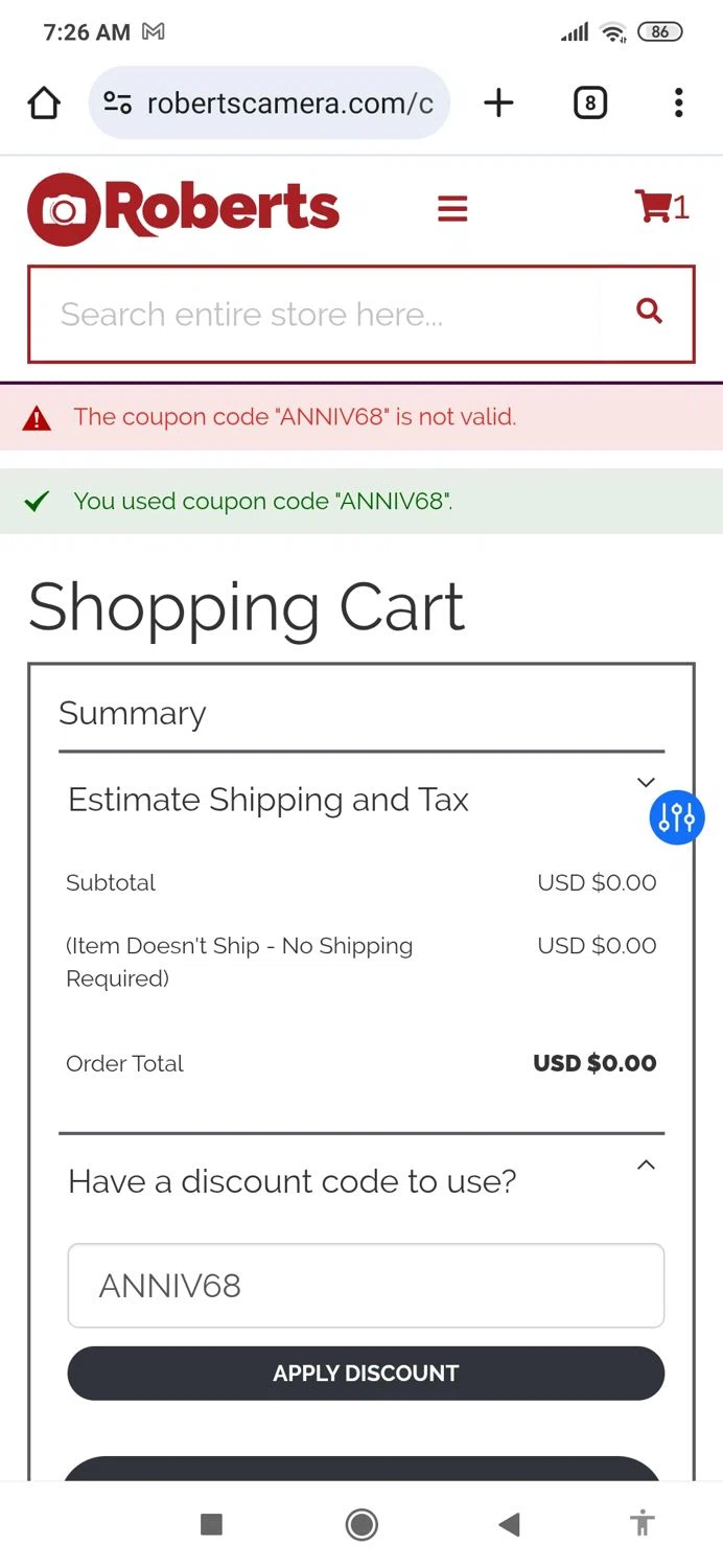 Roberts Camera coupon code screenshot showing code ANNIV68 applied at Roberts Camera checkout page. Uploaded by SimplyCodes community member MightyBoss9975 on Sep 18, 2025