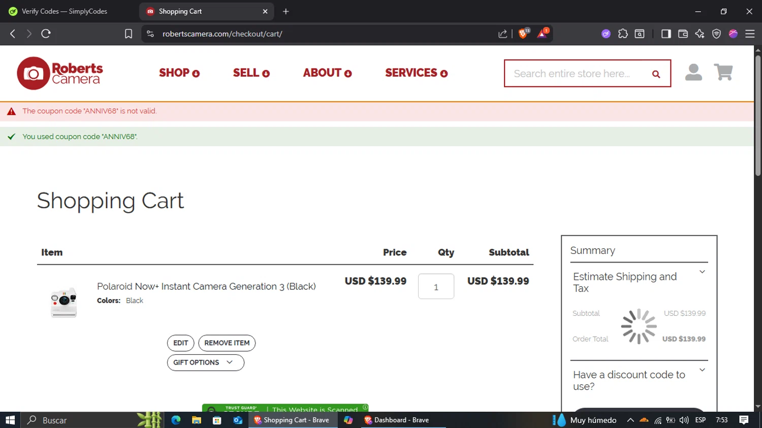 Roberts Camera coupon code screenshot showing code ANNIV68 applied at Roberts Camera checkout page. Uploaded by SimplyCodes community member jairinho on Sep 18, 2025