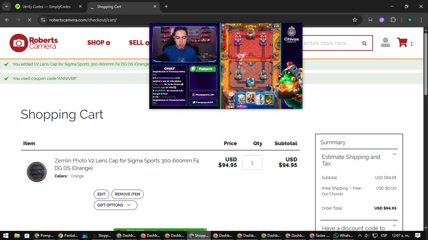 Roberts Camera checkout page showing Roberts Camera coupon code box | Screenshot taken by SimplyCodes community member on Aug 20, 2025