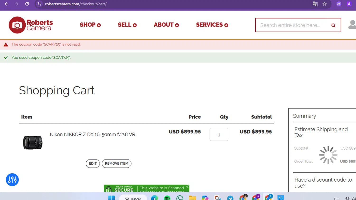 Roberts Camera coupon code screenshot showing code SCARY25 applied at Roberts Camera checkout page. Uploaded by SimplyCodes community member FrugalVirtuoso6318 on Nov 10, 2025