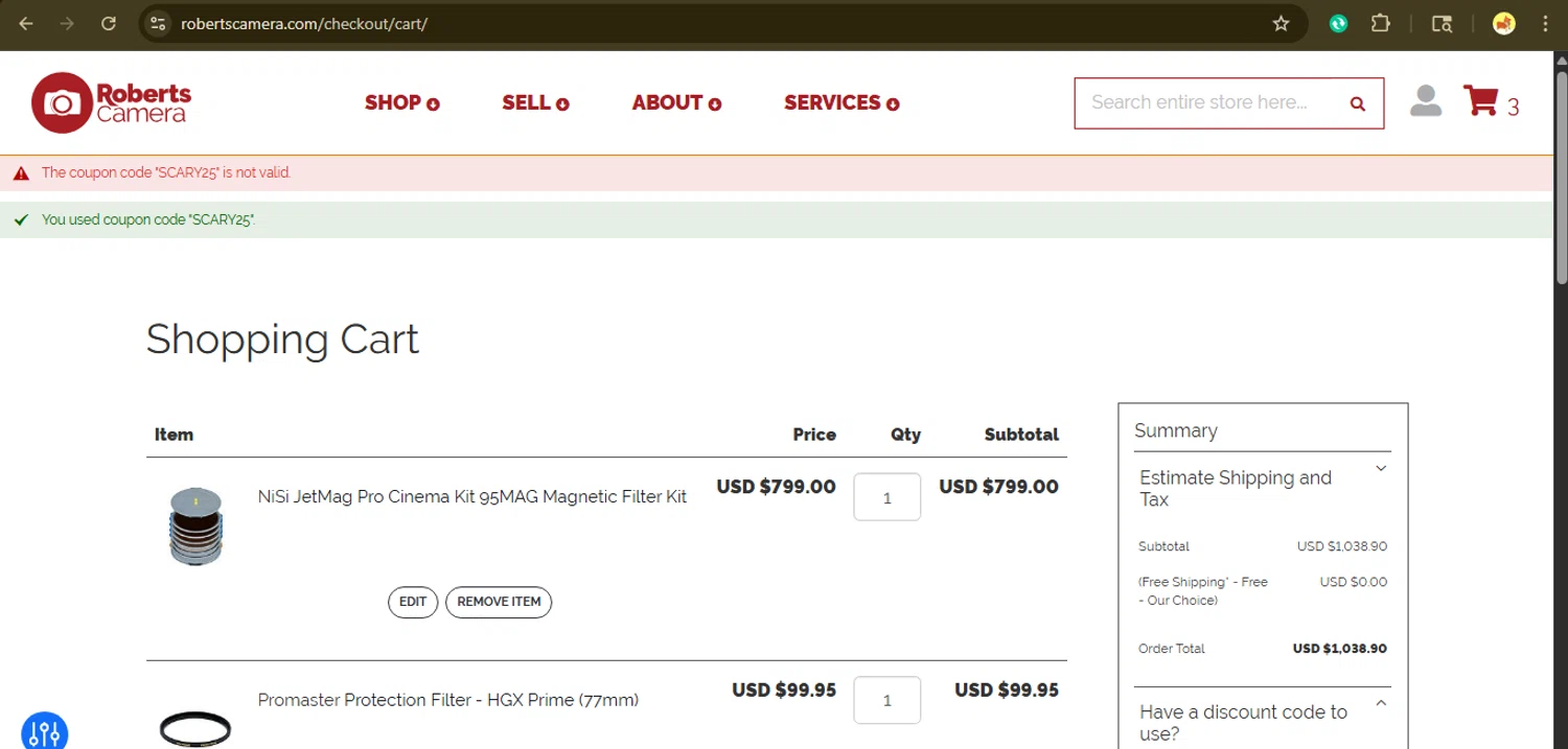 Roberts Camera coupon code screenshot showing code SCARY25 applied at Roberts Camera checkout page. Uploaded by SimplyCodes community member giselmarstephanny on Nov 10, 2025