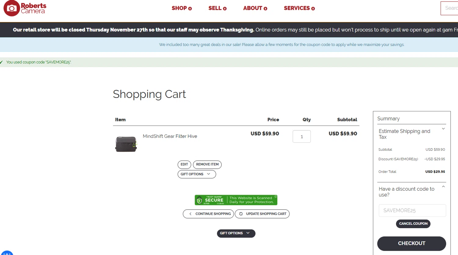 Roberts Camera coupon code screenshot showing code SAVEMORE25 applied at Roberts Camera checkout page. Uploaded by SimplyCodes community member jesspea on Nov 28, 2025