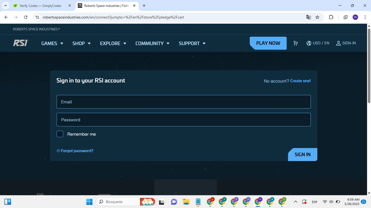 Roberts Space Industries coupon code screenshot showing code STARGSRTTBGV applied at Roberts Space Industries checkout page. Uploaded by SimplyCodes community member CashCaptain2333 on Mar 28, 2025