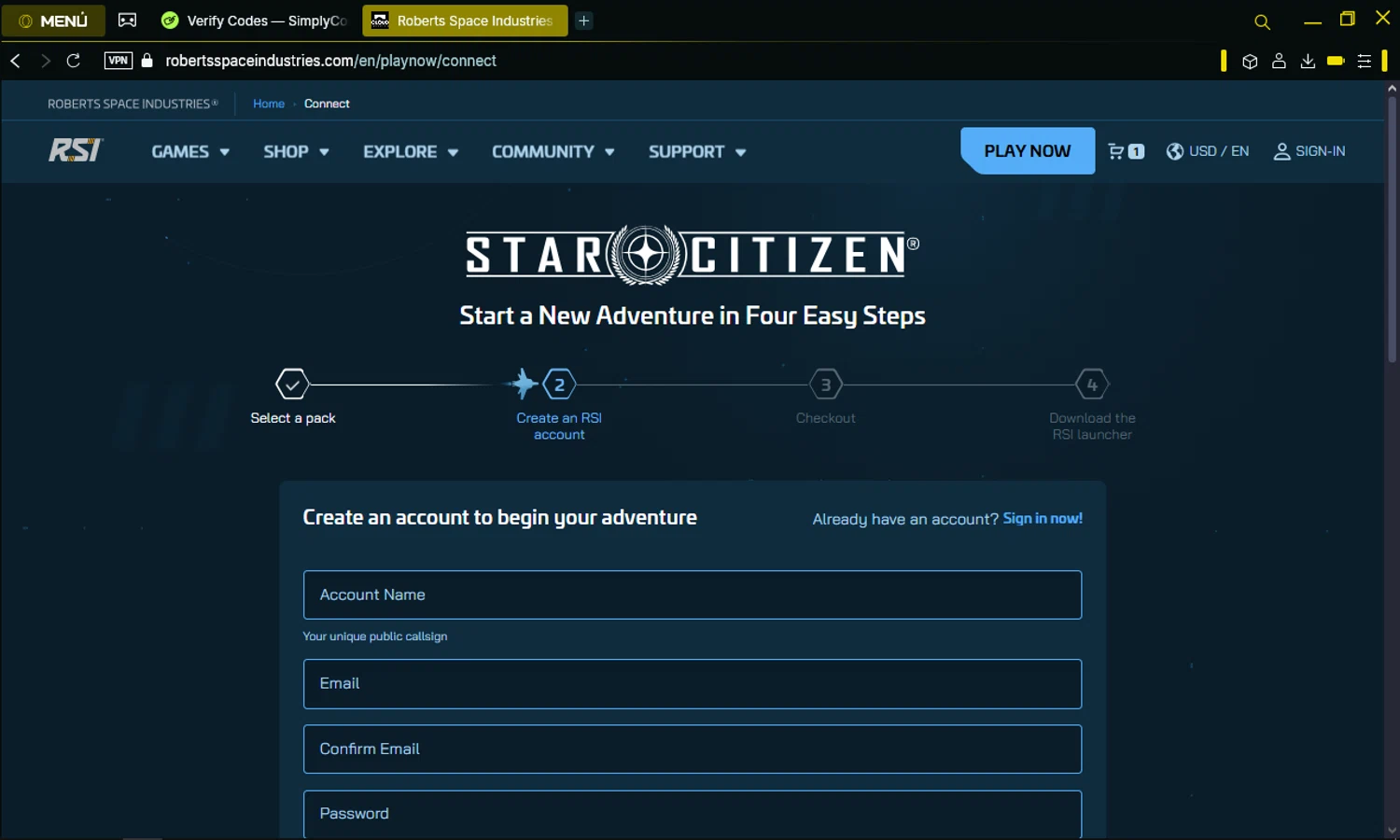 Roberts Space Industries coupon code screenshot showing code STAR-NGY4-3CCS applied at Roberts Space Industries checkout page. Uploaded by SimplyCodes community member omarelpollo on Apr 7, 2025