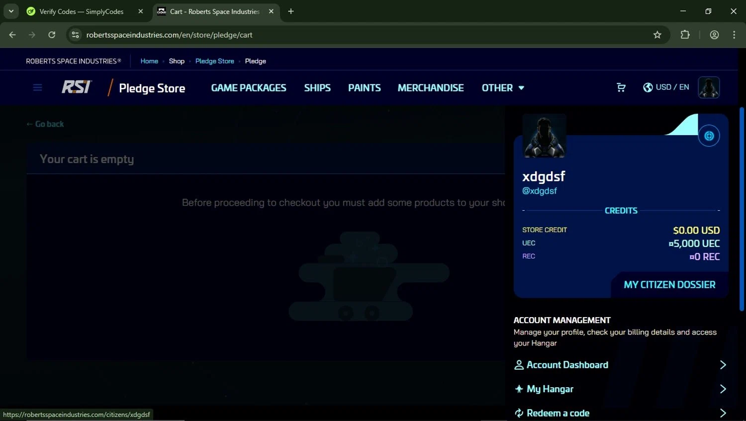 Roberts Space Industries checkout page showing Roberts Space Industries coupon code box | Screenshot taken by SimplyCodes community member on Apr 8, 2025