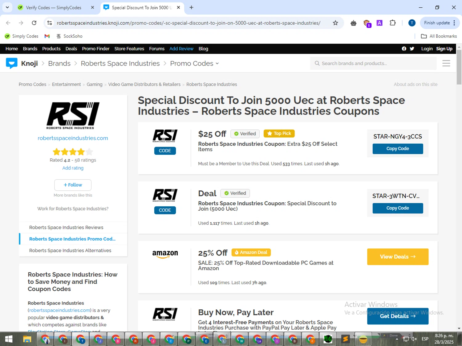 Roberts Space Industries checkout page showing Roberts Space Industries coupon code box | Screenshot taken by SimplyCodes community member on Mar 29, 2025