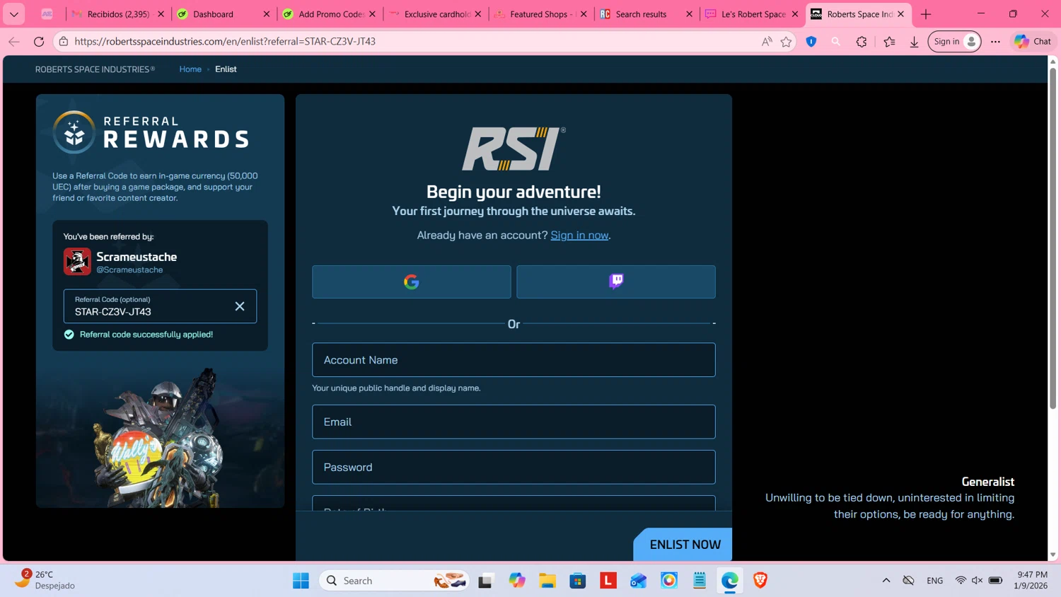 Roberts Space Industries coupon code screenshot showing code STAR-CZ3V-JT43 applied at Roberts Space Industries checkout page. Uploaded by SimplyCodes community member cosita on Jan 10, 2026