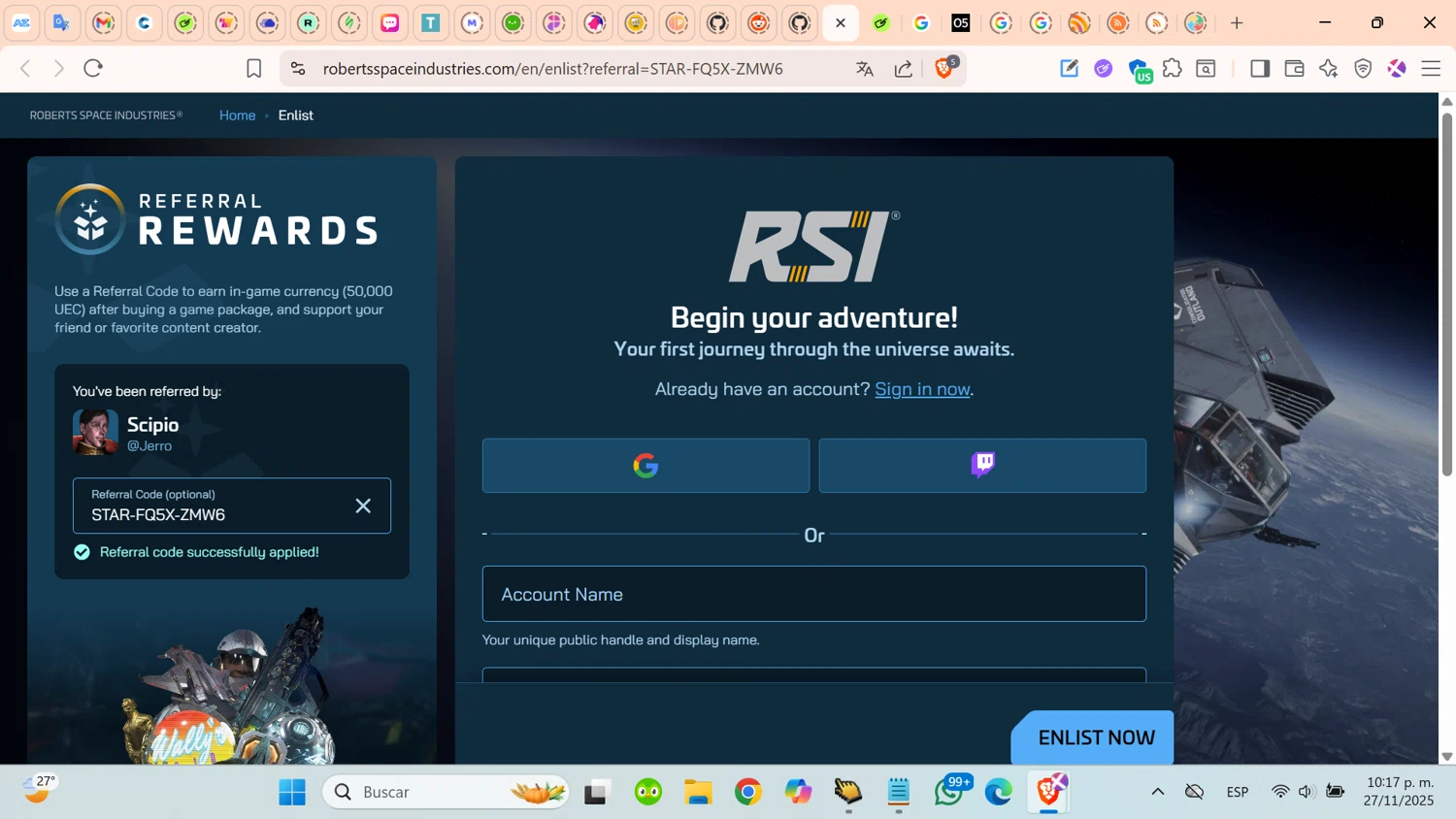 Roberts Space Industries coupon code screenshot showing code STAR-FQ5X-ZMW6 applied at Roberts Space Industries checkout page. Uploaded by SimplyCodes community member cosita on Nov 28, 2025