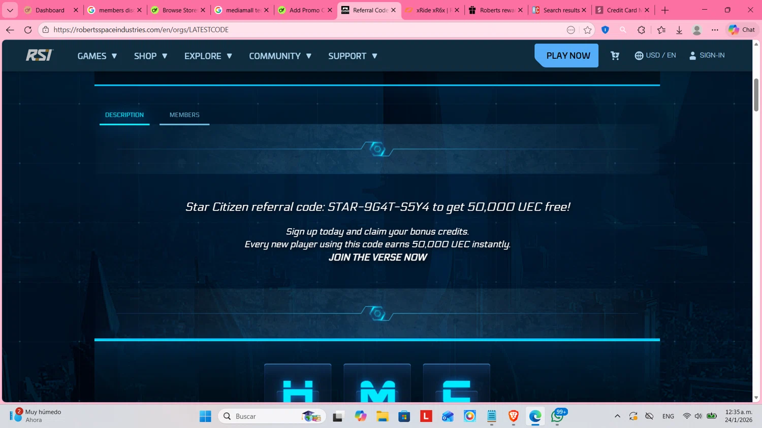 Roberts Space Industries coupon code screenshot showing code STAR-9G4T-S5Y4 applied at Roberts Space Industries checkout page. Uploaded by SimplyCodes community member cosita on Jan 24, 2026