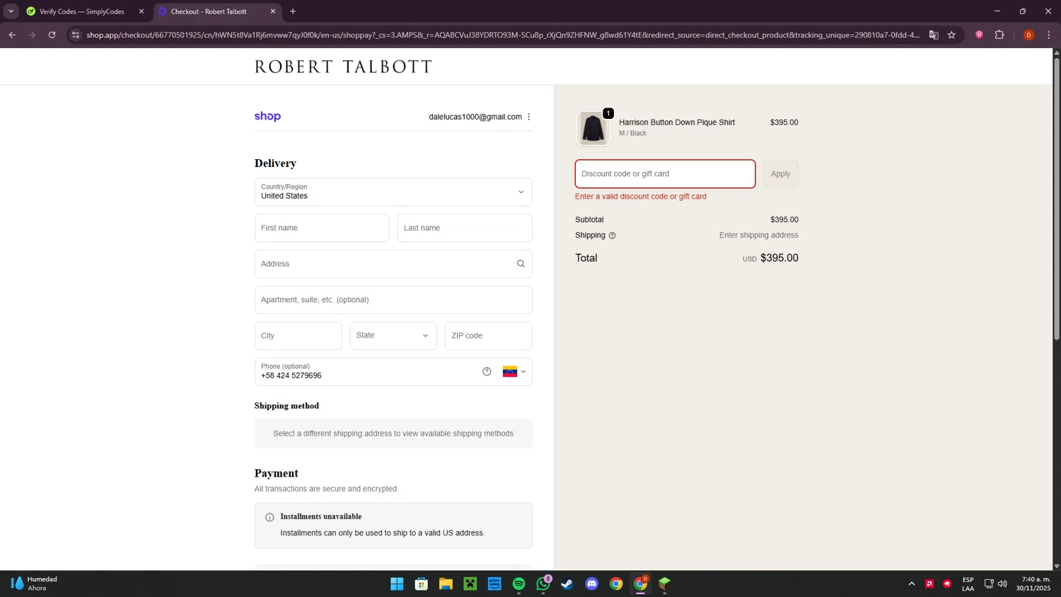Robert Talbott coupon code screenshot showing code WELCOME20 applied at Robert Talbott checkout page. Uploaded by SimplyCodes community member LaCebolla on Nov 30, 2025