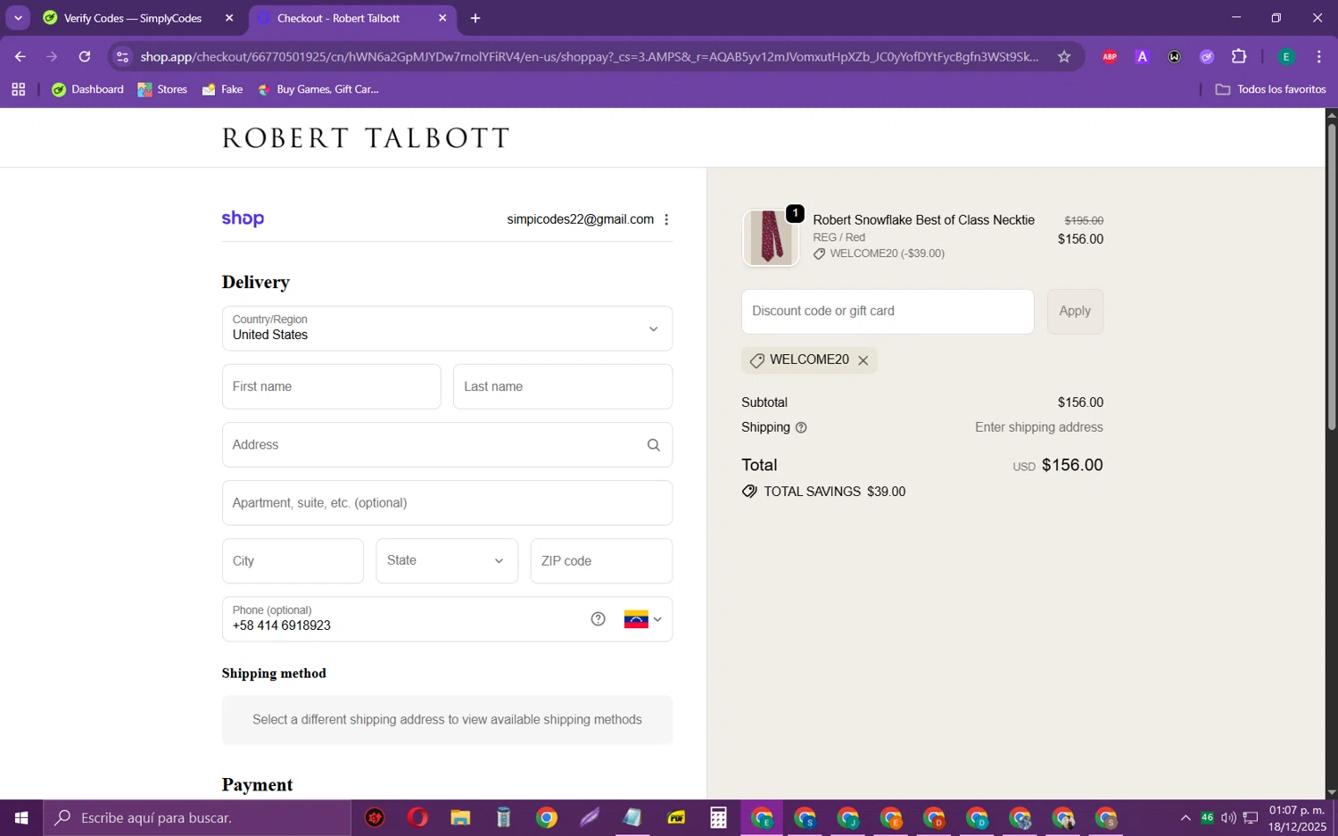 Robert Talbott coupon code screenshot showing code WELCOME20 applied at Robert Talbott checkout page. Uploaded by SimplyCodes community member RebateScholar429 on Dec 18, 2025