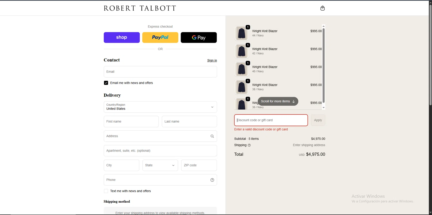 Robert Talbott coupon code screenshot showing code FATHERSDAY20 applied at Robert Talbott checkout page. Uploaded by SimplyCodes community member CashCollector4199 on Oct 14, 2025