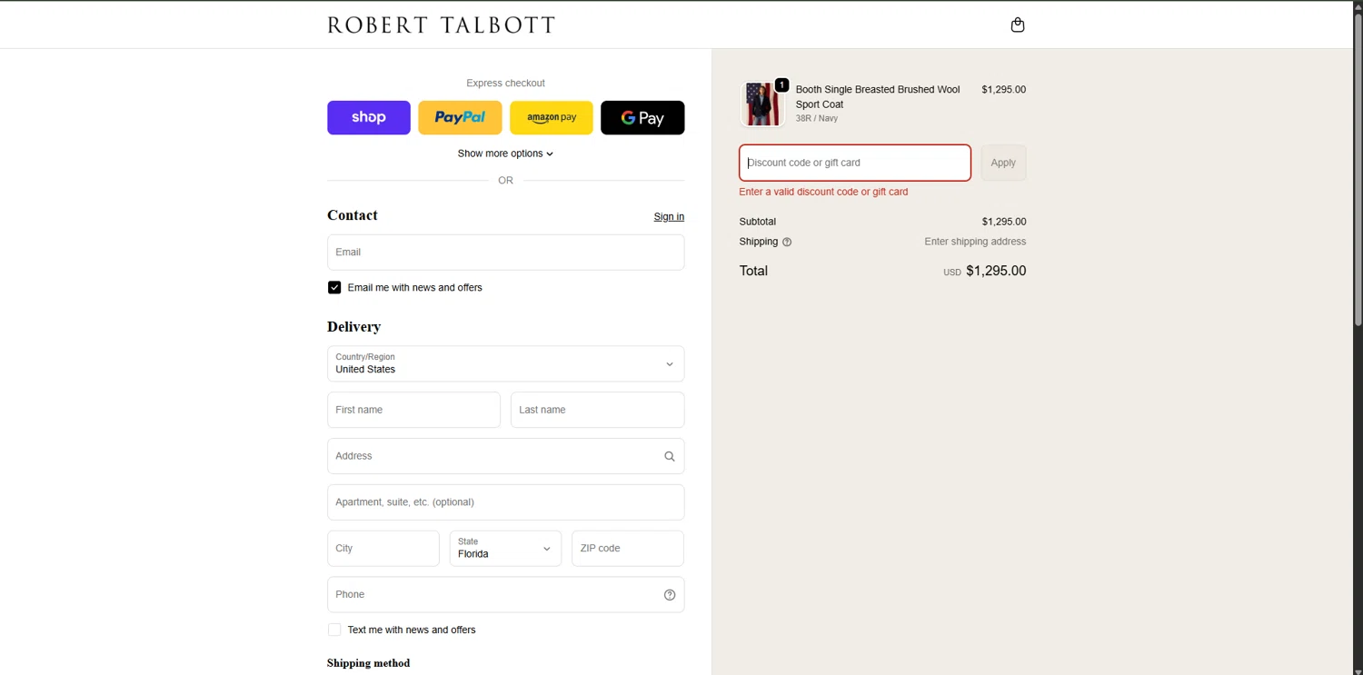 Robert Talbott coupon code screenshot showing code FATHERSDAY20 applied at Robert Talbott checkout page. Uploaded by SimplyCodes community member RewardPhoenix3732 on Oct 14, 2025