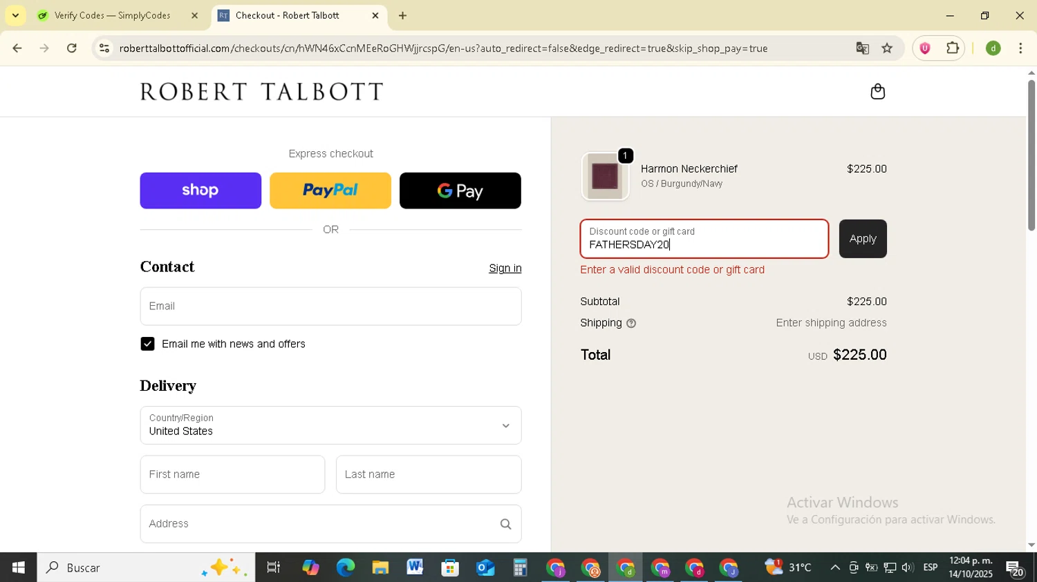 Robert Talbott coupon code screenshot showing code FATHERSDAY20 applied at Robert Talbott checkout page. Uploaded by SimplyCodes community member SavingsSentinel833 on Oct 14, 2025